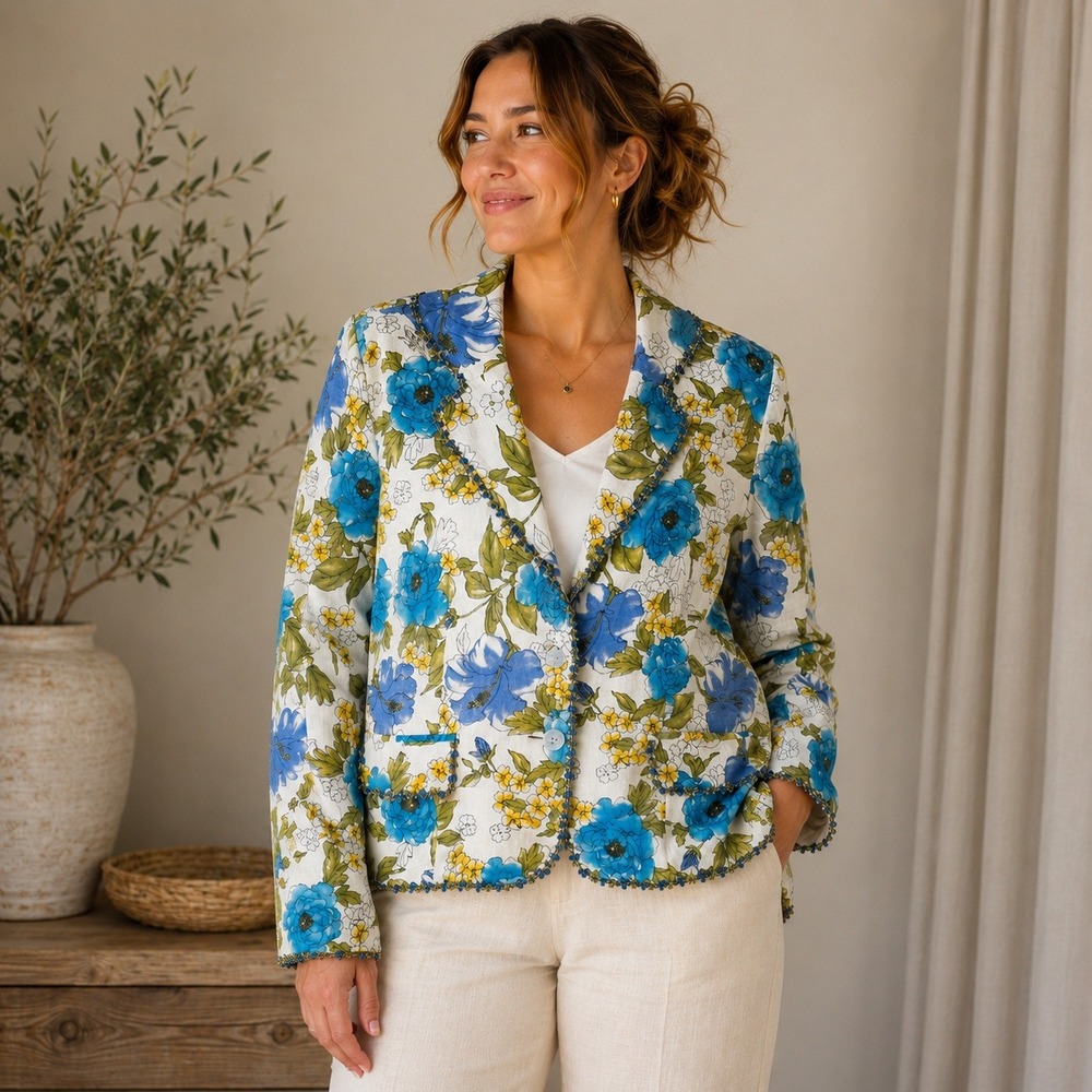 Anthracite Floral Linen‎ Blazer Women 14 Blue White Yellow Crochet Trim Jacket